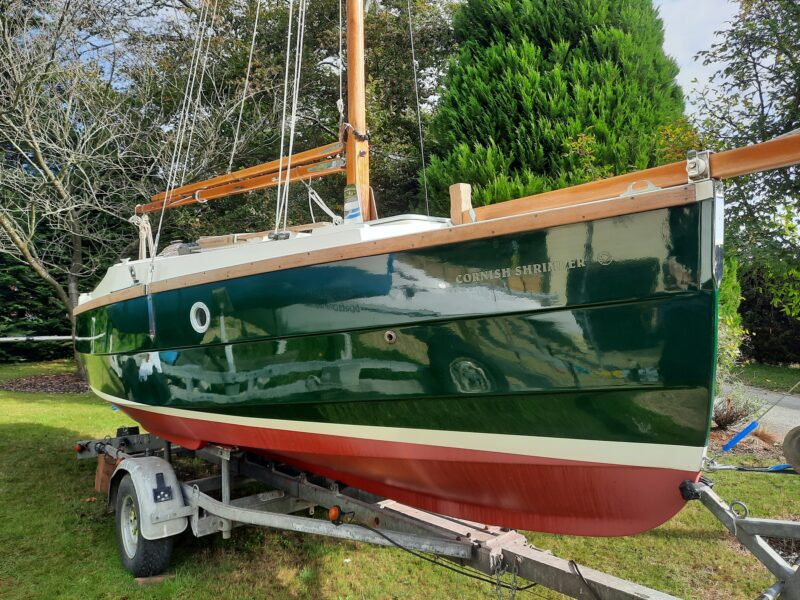 Cornish Shrimper 19 mast up on a road trailer